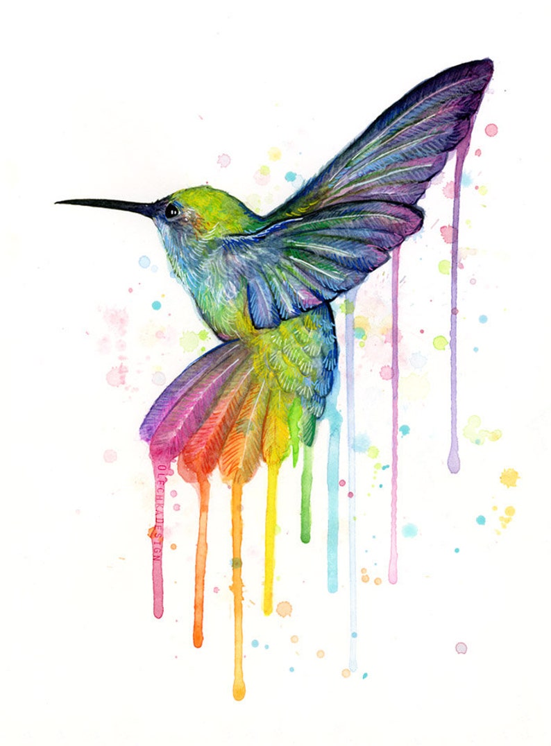 May include: A watercolor painting of a hummingbird with rainbow colored feathers and a white background. The paint drips down from the hummingbird's feathers, creating a colorful effect.