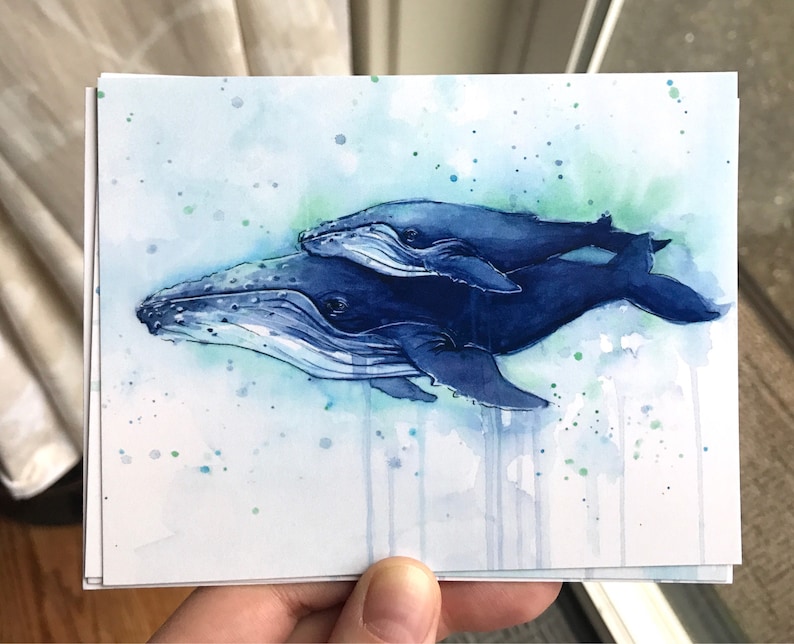 Ensemble de cartes postales, cartes aquarelles, créatures de la mer, cartes de dauphins, carte de baleines, art à bosse, cartes postales d'orque, cartes postales d'animaux, baleines, ensemble de 4 image 2