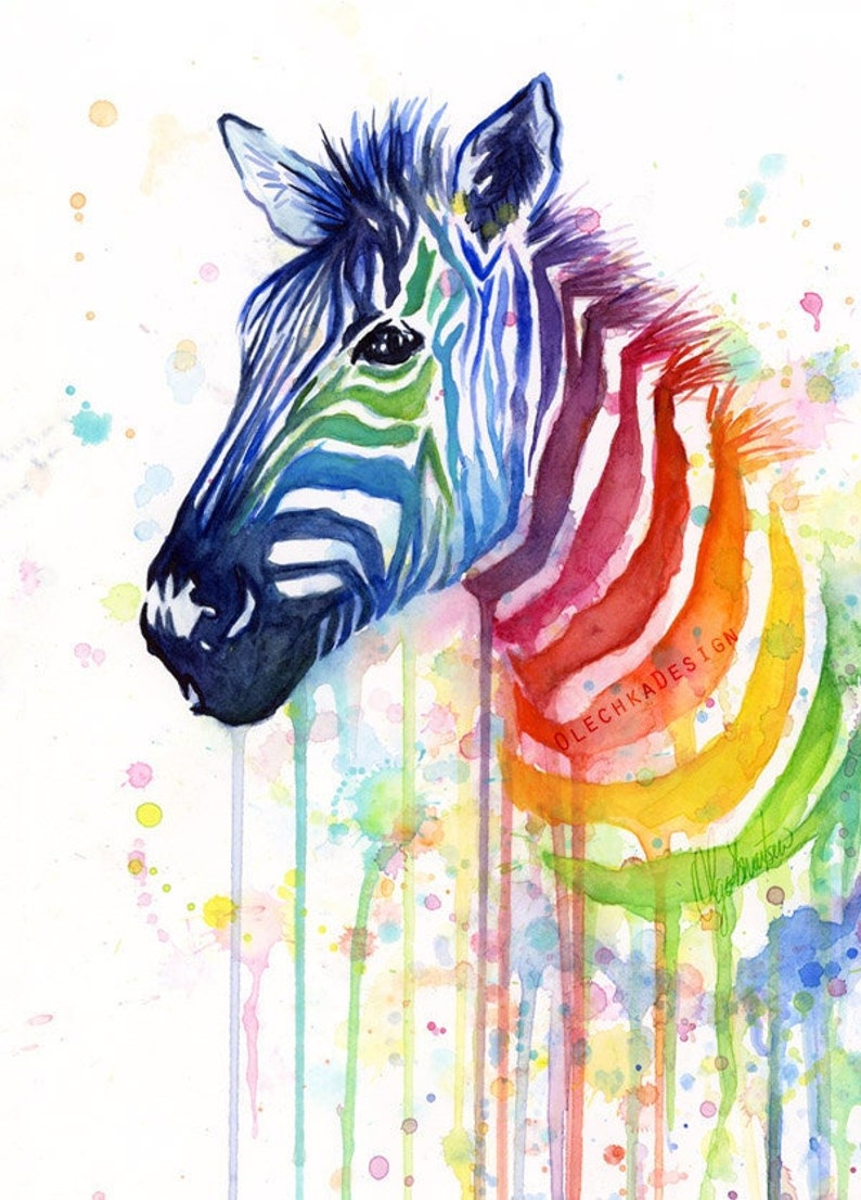 Zebra Watercolor Rainbow, Zebra Gift, Zebra Print, Zebra Art, Zebra Painting, Colorful Animal Art, Whimsical Animal Art, Nursery Art Print image 1