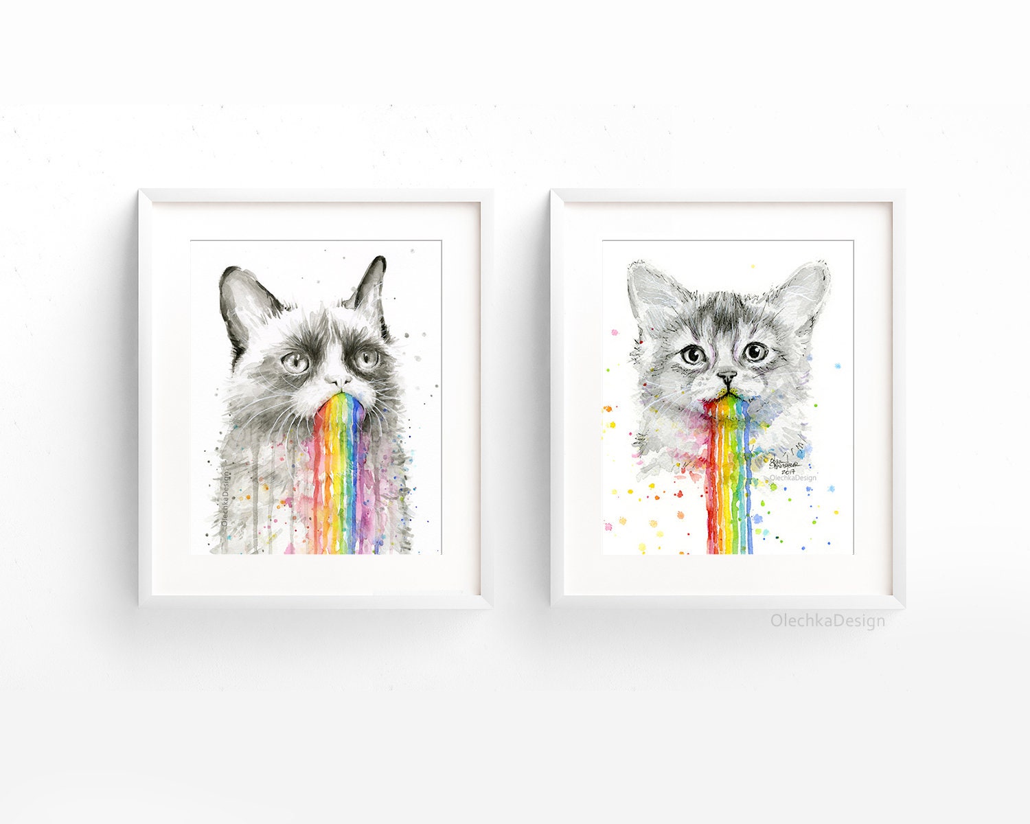 虹を吐く子猫、面白い猫のアート、猫の水彩画、虹色の猫、虹色の子猫