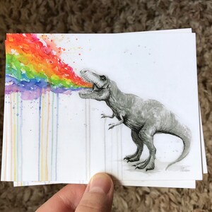 Postales, Postales para niños, Dinosaurio T-Rex prueba el arcoíris, Juego de postales de animales, Animales extravagantes, Postales de acuarela, Vómito de arcoíris
