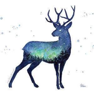 May include: Watercolor painting of a deer silhouette with a starry night sky and aurora borealis inside. The deer is standing on a white background with blue watercolor splatters.