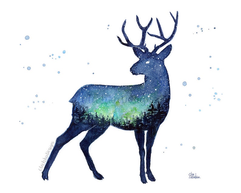 May include: Watercolor painting of a deer silhouette with a starry night sky and aurora borealis inside. The deer is standing on a white background with blue watercolor splatters.