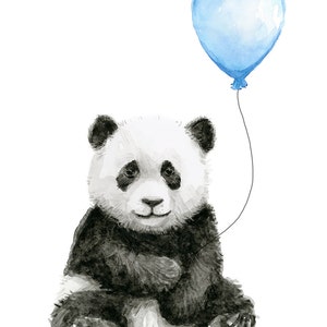 May include: A black and white watercolour painting of a panda bear sitting with a blue balloon. The panda is holding the string of the balloon in its paw.