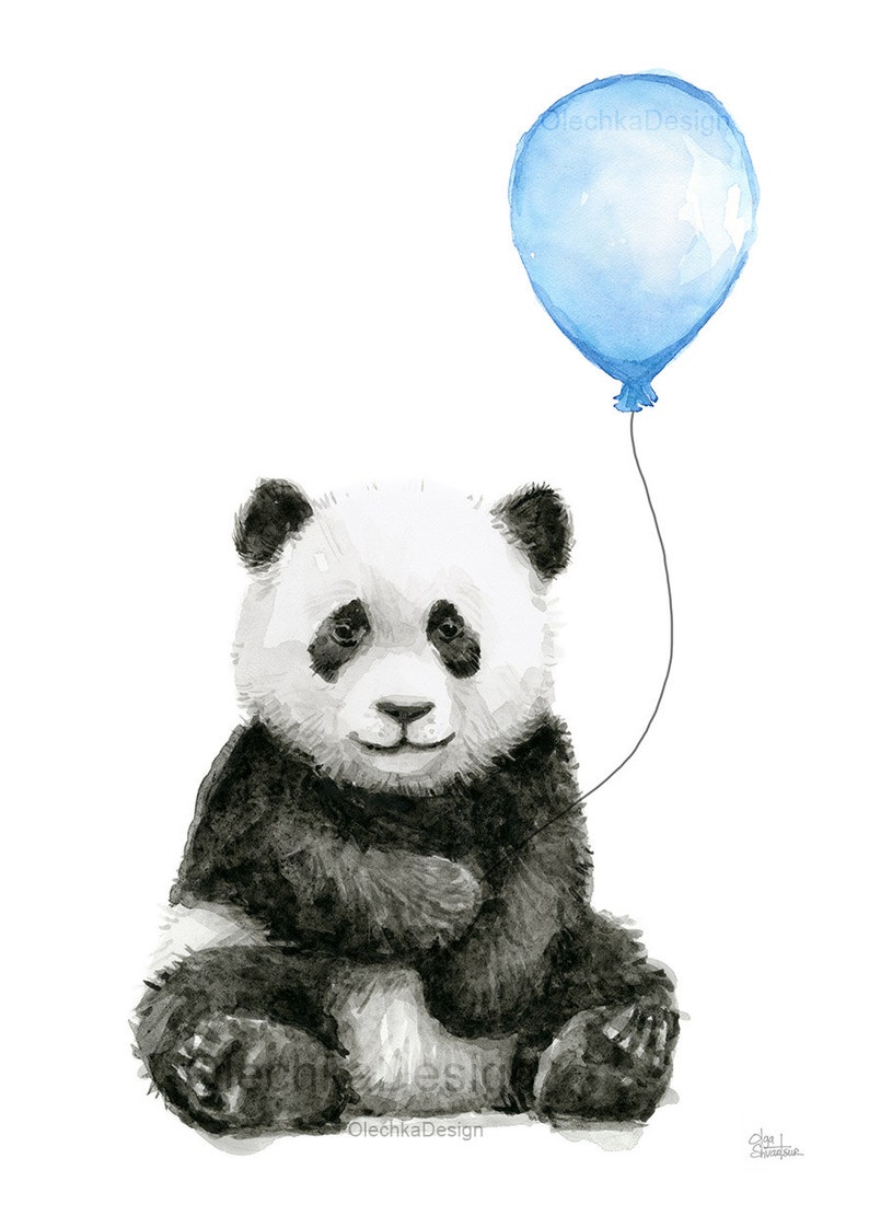 May include: A black and white watercolour painting of a panda bear sitting with a blue balloon. The panda is holding the string of the balloon in its paw.