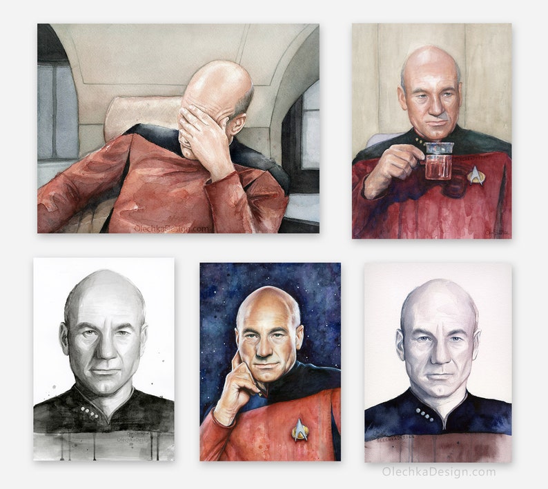 Picard Facepalm Meme Watercolor, Picard Print, Meme Art, Sci-Fi Painting, Captain Picard, Portrait, Funny Geek Wall Art image 4