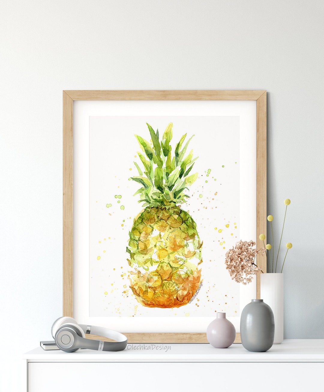 Society6 ケース Hawaiian Pineapple Pattern Tropical Watercol Pineapple Art Print, Aqua Blue Pastel, Tropical Ananas