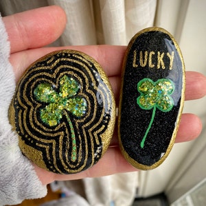 Painted Rocks, Clover Rocks, Four Leaf Clover Art, Lucky Charm, Glitter Clover Rocks, Painted Stones, Garden Decor, Kindness Rocks, Set of 2