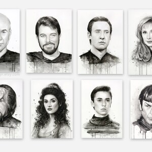 May include: Black and white watercolor illustrations of eight characters from the Star Trek franchise. The characters are depicted in a realistic style with detailed facial features and expressions. The illustrations are set against a white background with subtle watercolor washes.