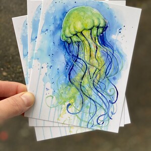 Jellyfish Watercolor Painting Postcards, Sea Creature Art Set image 3