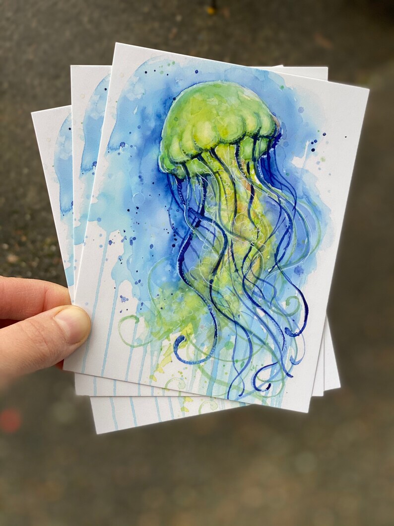 Jellyfish Watercolor Painting Postcards, Sea Creature Art Set image 3