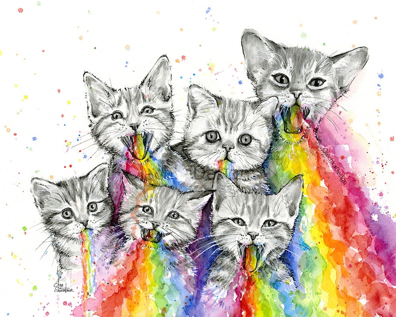K&ouml;nnte beinhalten: Ein Aquarellbild von sechs K&auml;tzchen, jedes mit einem Regenbogen, der aus seinem Maul kommt. Die K&auml;tzchen sind in Schwarzwei&szlig; gezeichnet, und die Regenb&ouml;gen sind in leuchtenden Farben. Der Hintergrund ist wei&szlig; mit ein paar bunten Punkten.