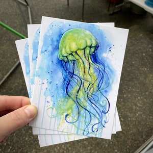 Jellyfish Watercolor Painting Postcards, Sea Creature Art Set image 2