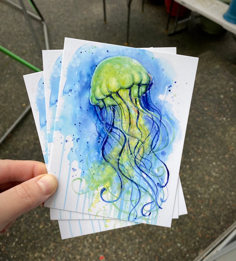 Jellyfish Watercolor Painting Postcards, Sea Creature Art Set image 2
