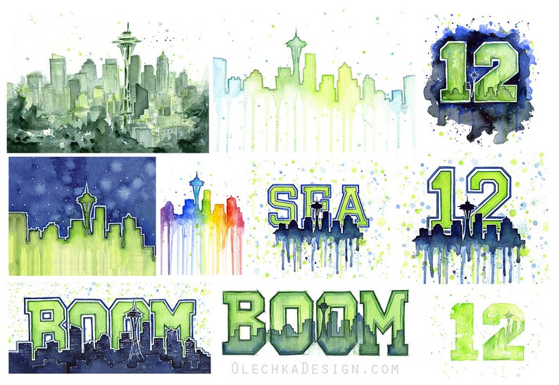 May include: Watercolor paintings featuring the Seattle skyline and Space Needle. Designs include the number 12, the word "BOOM", and the letters "SEA" in green and blue, with a watercolor splatter effect.