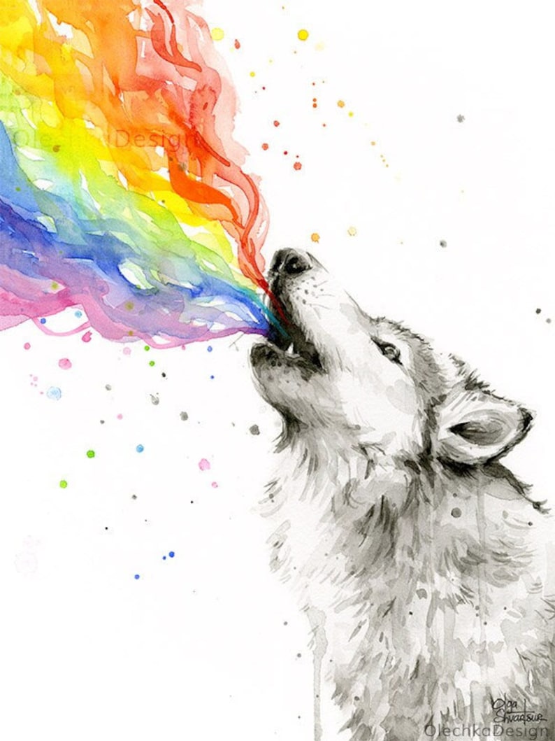 May include: A watercolor painting of a wolf howling with a rainbow coming out of its mouth. The wolf is drawn in shades of gray and the rainbow is vibrant with colors of red, orange, yellow, green, blue, indigo, and violet. The background is white with small, colorful dots.