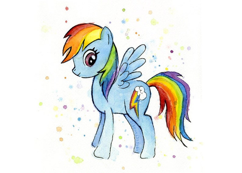 May include: A watercolor painting of a blue pony with a rainbow mane and tail. The pony has a pink nose, purple eyes, and a white cloud with a lightning bolt on its flank. The background is white with colorful watercolor splatters.