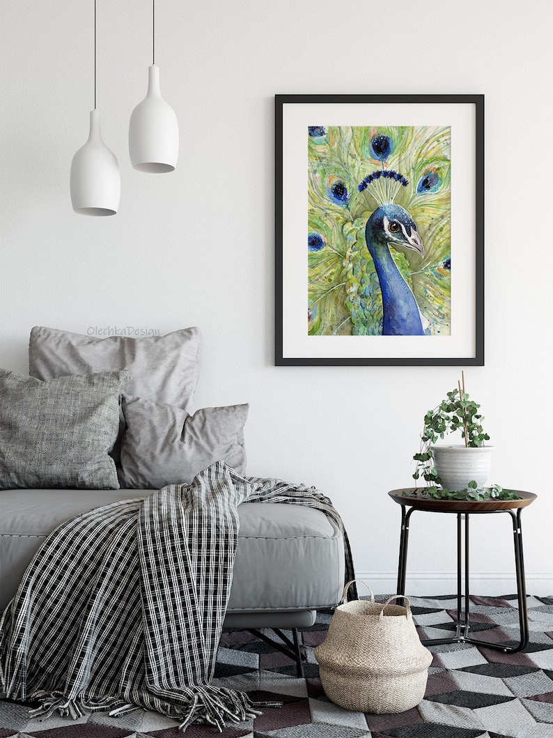 May include: Watercolor painting of a peacock with its feathers spread out. The peacock is blue and green with a white crest. The background is a light green and yellow.