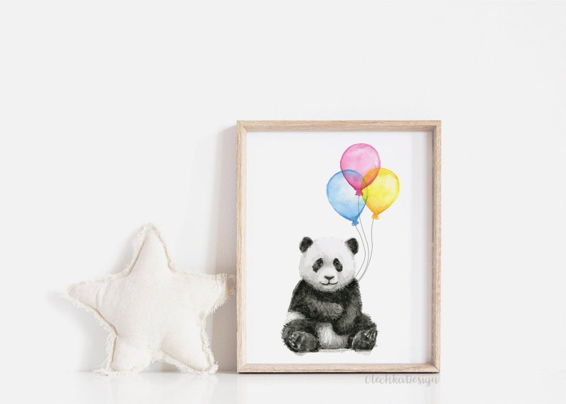 May include: A watercolour painting of a panda bear holding three balloons. The balloons are blue, yellow and pink. The panda is sitting on a white background.