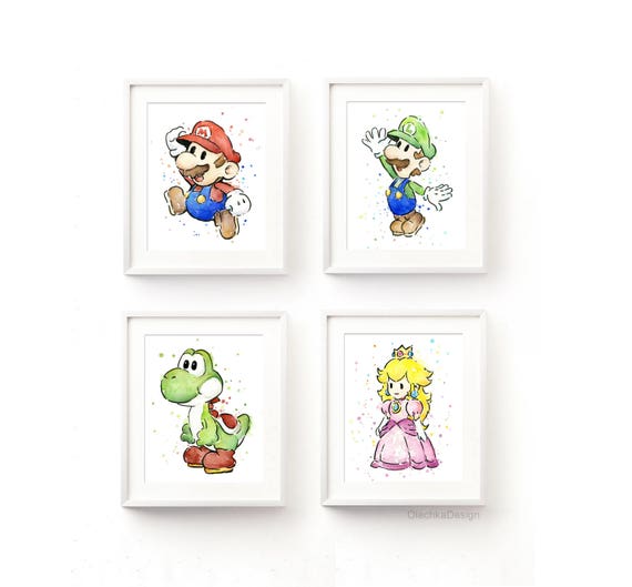 Mario Art, Mario Gift, Game Art, Luigi Art, Yoshi, Watercolor Art Print,  Geek Gift, Funny Art, Mario Watercolor, Videogame Art, Set of 4 -   Norway