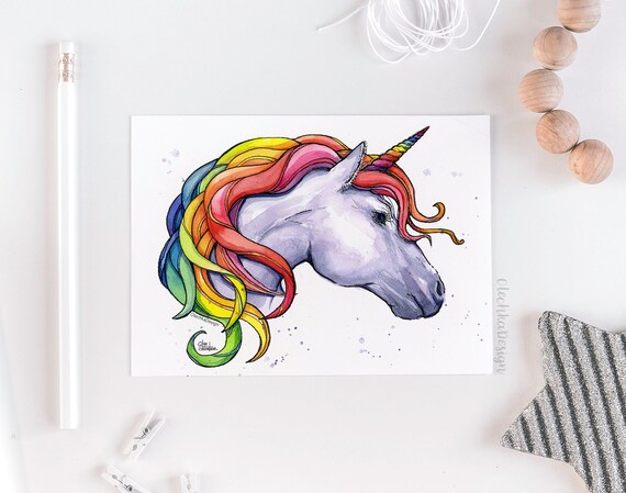 Rainbow Unicorn Unicorn Watercolor Art Print Colorful Etsy