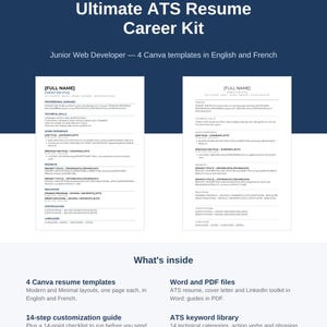 ATS Resume Template for Junior Web Developer | Web Developer CV Template | Career Change Resume | English & French | Word Template