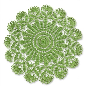 Grote, handgemaakte groene katoenen kleedje van 45 cm – gehaakt kanten placemat, boho lente tafeldecoratie, met geschulpte rand