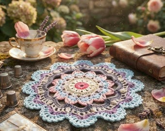 Toalhinha de crochê feita à mão, 20 cm – Mandala em tons pastel de rosa, azul e roxo, fio acrílico, decoração boho para casa.