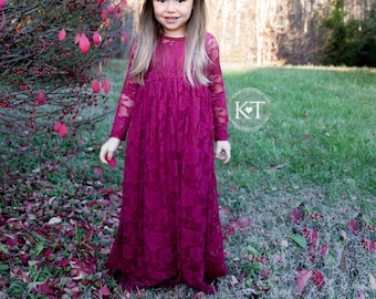 Prêt-à-partir - Robe chérie en dentelle bordeaux à manches longues - demoiselle d'honneur, mariage, fille, enfant en bas âge, campagne, robe rustique, automne, hiver, rouge