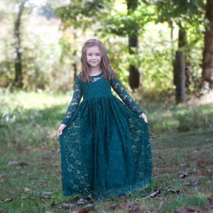 Ready to Ship Long Sleeve Dark Green Sweetheart Dress Flower Girl, Wedding, country, rustic dress, fall, winter, long sleeve, lace image 9