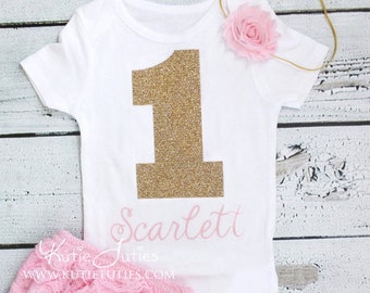 Pink & Glitter Gold #1 Birthday Bodysuit- Birthday Shirt- personalized, baby girl, toddler, cake smash, 1st birthday, name