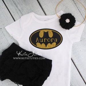 Batman, Batgirl Name Bodysuit Birthday Shirt personalized, boy, girl, toddler, cake smash, 1st birthday, halloween, black, gold, pink image 1