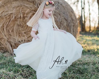 Robe tutu en dentelle blanche (prête à expédier) - demoiselle d'honneur, mariage, tulle, fille, enfant en bas âge, élégant, rustique, dentelle, vintage, longue