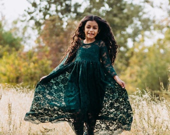 Ready to Ship- Long Sleeve Dark Green Sweetheart Dress- Flower Girl, Wedding, country, rustic dress, fall, winter, long sleeve, lace