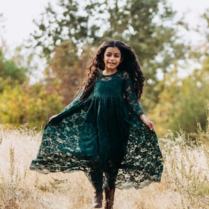 Ready to Ship Long Sleeve Dark Green Sweetheart Dress Flower Girl, Wedding, country, rustic dress, fall, winter, long sleeve, lace image 1