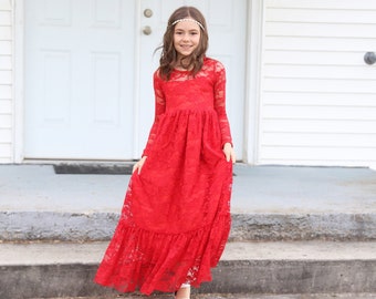 Red Ruffle Lace Sweetheart Dress(Ready to Ship)- Flower Girl, Wedding, Girl, Toddler, country, rustic dress, winter, christmas, valentines