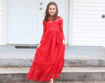 Robe chérie en dentelle à volants rouges (prêt à expédier) - Fille de fleur, Mariage, Fille, Tout-petit, pays, robe rustique, hiver, Noël, Saint-Valentin