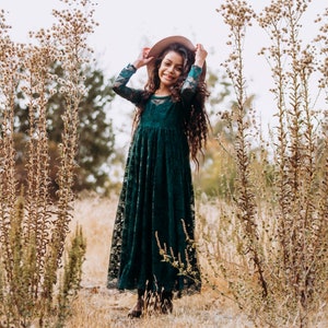 Ready to Ship Long Sleeve Dark Green Sweetheart Dress Flower Girl, Wedding, country, rustic dress, fall, winter, long sleeve, lace image 2