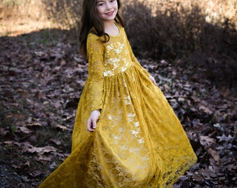 Marigold lace sweetheart long sleeve Dress (Ready to Ship)- Flower Girl, Wedding, Outfit, Girl, Toddler, country, rustic dress, fall, winter