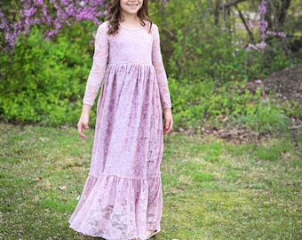 Prêt-à-partir - Robe chérie en dentelle bordeaux à manches longues et à volants - demoiselle d'honneur, mariage, fille, enfant en bas âge, robe rustique, automne, hiver, rouge