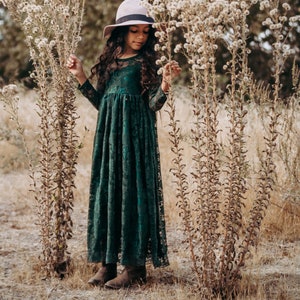 Ready to Ship Long Sleeve Dark Green Sweetheart Dress Flower Girl, Wedding, country, rustic dress, fall, winter, long sleeve, lace image 3