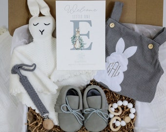 Coffret cadeau personnalisé pour bébé, baby shower, cadeau de bienvenue pour nouveau-né, cadeau garçon/fille, cadeau de Pâques lapin, ensemble cadeau pour bébé neutre en matière de genre, cadeau monogramme