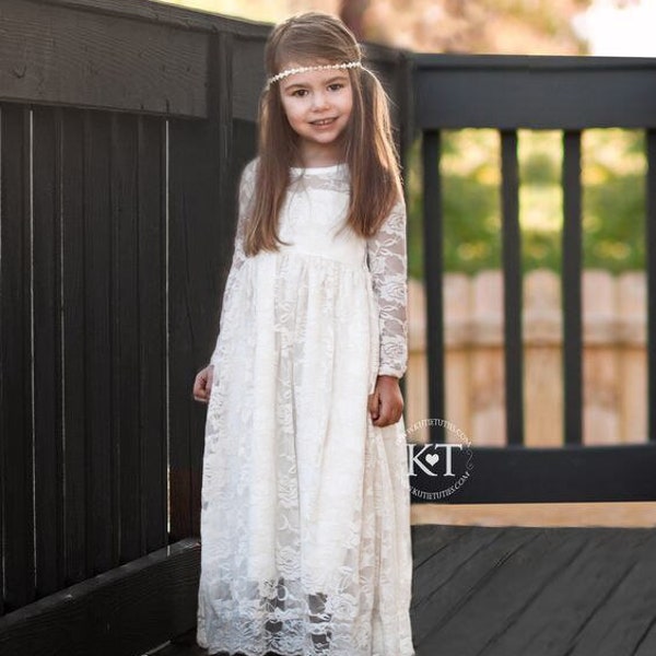 Long Sleeve White Lace Sweetheart Dress (Ready to Ship)- Flower Girl, Wedding, Outfit, Girl, Toddler, country, rustic dress, fall, winter