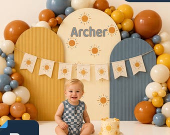 Personalized Retro Sunshine PSD Digital Backdrop | Cake Smash Photo Setup | Custom Name Sign Boho Sun Cake Smash Backdrop (Photshop Format)