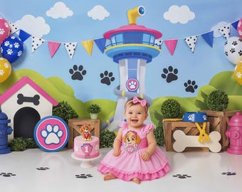 Fondo rosa para fiesta de cachorros / Fondo para cumpleaños de perros / Fondo para fotos con temática canina para sesión de fotos de cumpleaños con pastel (formato PNG)