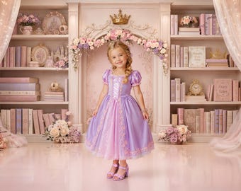 Princess Fairytale Bookshelf Backdrop | Pink Floral Castle Digital Background | Princess Library Birthday Photo Backdrop (PNG Format)