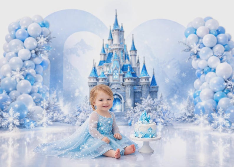 May include: A young child in a light blue dress sits in front of a winter-themed backdrop. A castle, balloons, and a cake with a blue and white design are visible. The scene evokes a fairytale or birthday party theme.