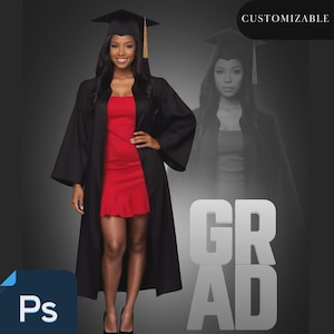 May include: A woman in a black graduation gown and cap, with a gold tassel, over a red dress. The word "GRAD" is in large, white letters. The image also includes the text "INSTANT DOWNLOAD - HIGH RESOLUTION" and "CUSTOMIZABLE".