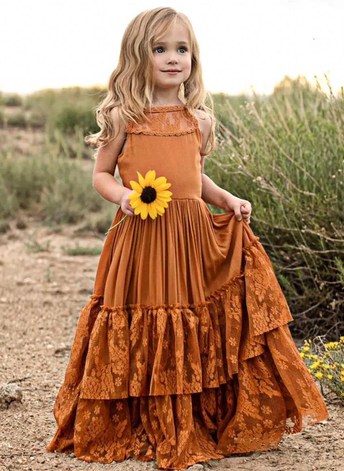 READY TO SHIP Marigold Lace Boho Maxi Dress Flower Girl image 2