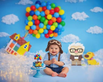 Fondo digital inspirado en UP / Fondo para fiesta de cumpleaños con globos / Configuración para aplastar pastel (formato PNG)